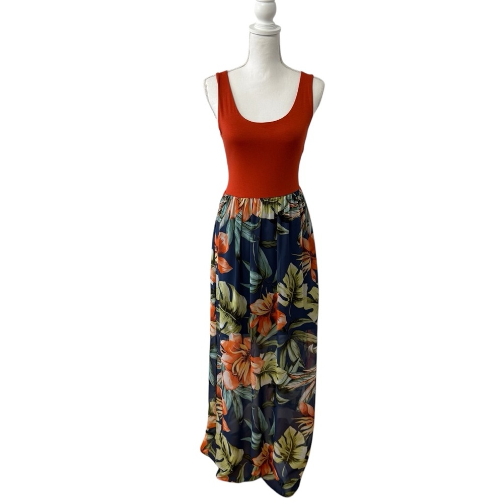 Gilli Spring Sleeveless Open Back Floral Skirt Maxi Dress Orange Blue Small